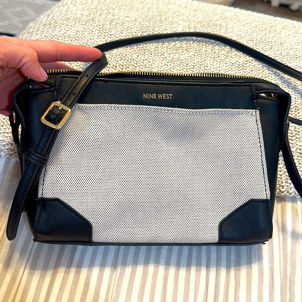 Nine West Purse | Brooklyn Black Leather Neutral Canvas Crossbody Bag
